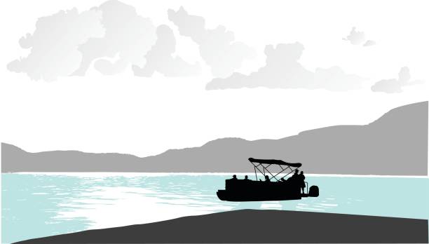 Beautiful Mountain Lake Boating Silhouette vector illustration of a pontoon boat on the lake pontoon boat stock illustrations