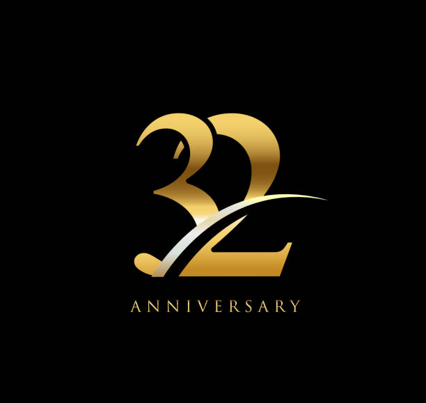 ilustrações de stock, clip art, desenhos animados e ícones de 32 years anniversary elegance gold symbol. linked number with swoosh on black background - horizontal chrome clean corporate business