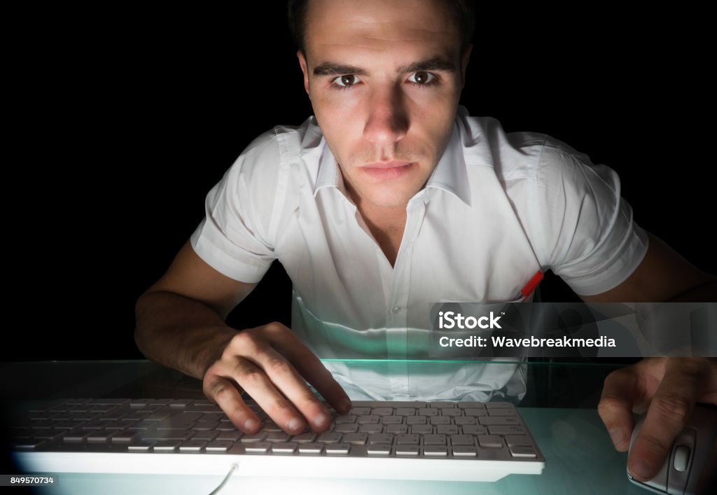 Handsome Serious Computer Engineer Working At Night Stock Photo ...