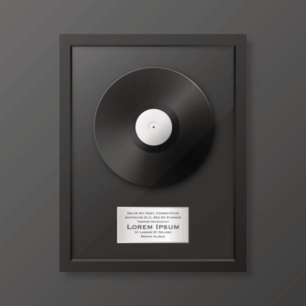 ilustrações de stock, clip art, desenhos animados e ícones de realistic vector lp and label in glossy black frame icon closeup isolated on black background. single album disc award. design template. stock vector mockup. eps10 - long bay