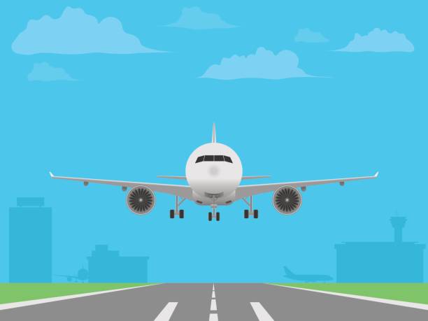 biały samolot ląduje na pasie startowym. budynki lotniska - commercial airplane airplane cargo airplane runway stock illustrations