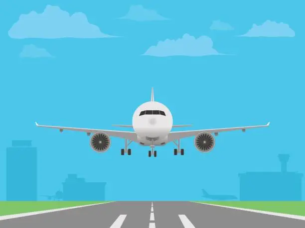 Vector illustration of White plane landing on runway. Airport buildings