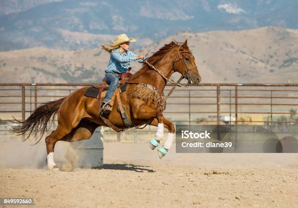 Young Cowgirl Barrel Racing Stock Photo - Download Image Now - Rodeo, Horse, Cowgirl
