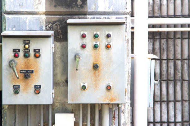 istock Electric control box and wall concrete and old and electrical power control box 849594010
