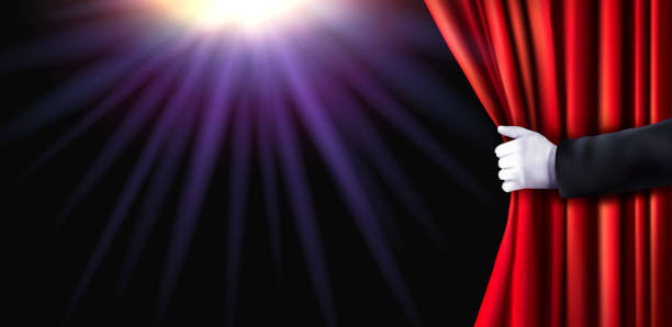 istock Background with red velvet curtain and hand. Vector illustration. 849600900