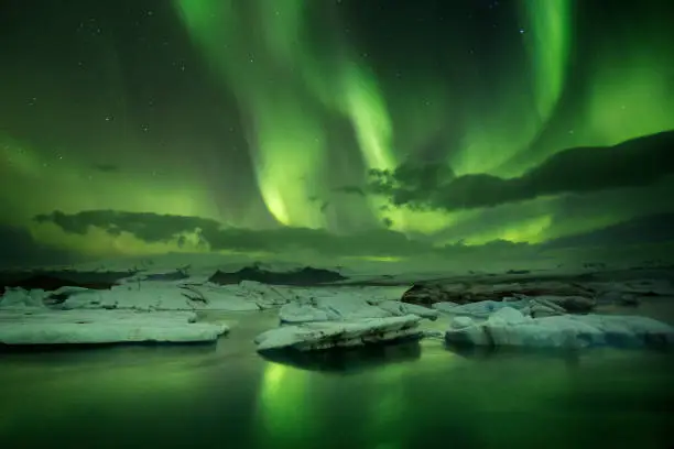 Aurora or northern lights illuminate the Glacier lagoon on the south east coast of Iceland