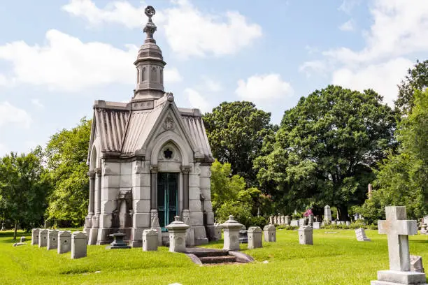 An elaborate mausoleum in a 19th century cemetery.