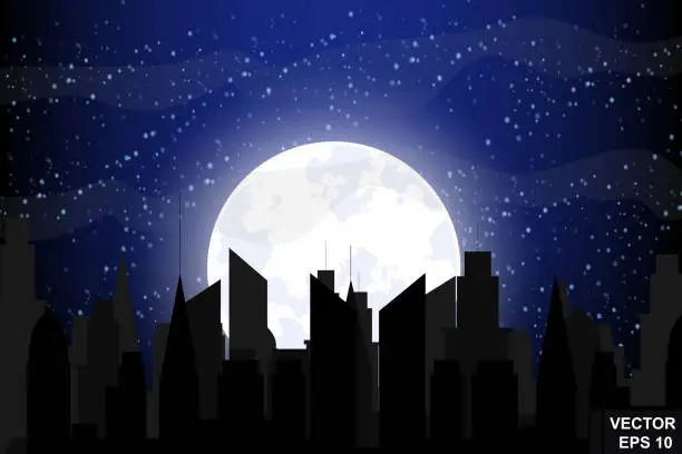 Vector illustration of Night city. Landscape. Sleep. Full moon. Flat stil.Otdyh.