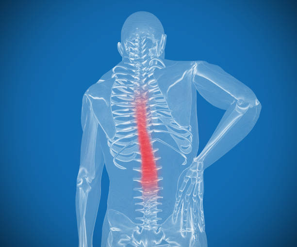 istock Transparent digital skeleton having pain on his back 849652342