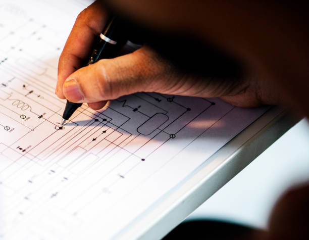 istock Closeup of hand over circuit pattern guide line paper 849656548