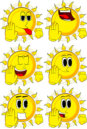 Cartoon sun showing deny or refuse hand gesture. Collection with happy faces. Expressions vector set.