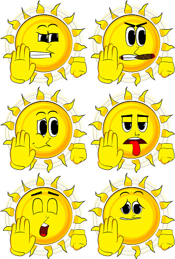 Cartoon sun showing deny or refuse hand gesture. Collection with sad faces. Expressions vector set.