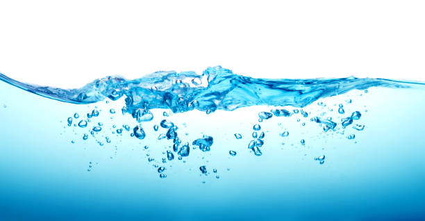 istock Close up blue Water splash with bubbles on white background 849671430