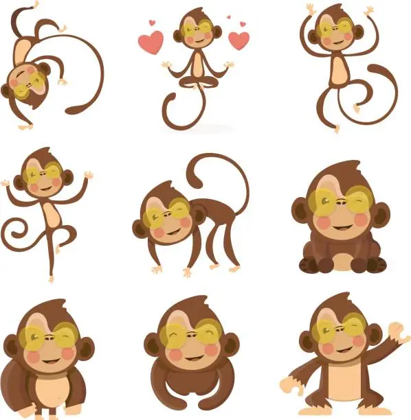 Vector illustration of Set of cute funny monkeys.