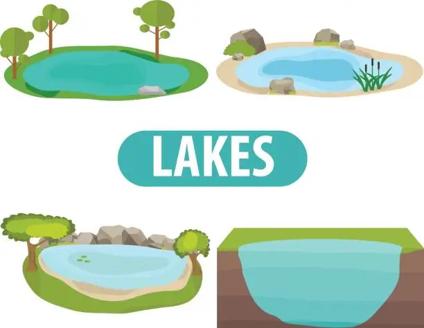 Vector illustration of Lake, a set of lakes with trees and stones
