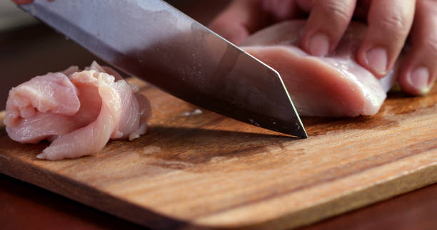 istock Close up the cutting raw chicken on wooden chop board 849683798