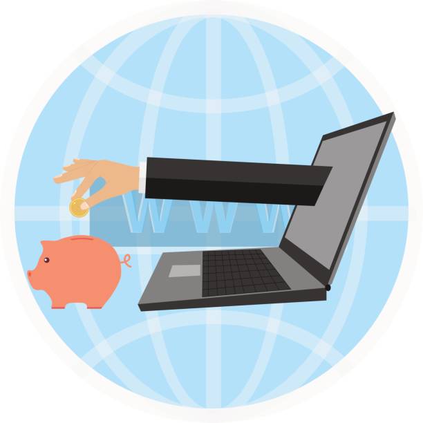 ilustrações de stock, clip art, desenhos animados e ícones de making money on the internet. hand out of laptop lays down the money in the piggy bank. flat design, vector illustration, vector. - coin stacking vector part of