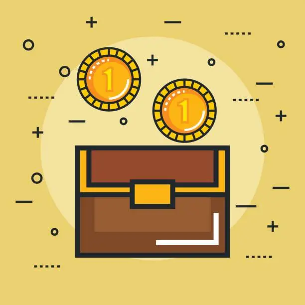 Vector illustration of chest with golden coin video game treasure vector illustration