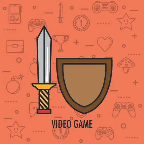 Vector illustration of video game shield and sword weapon app