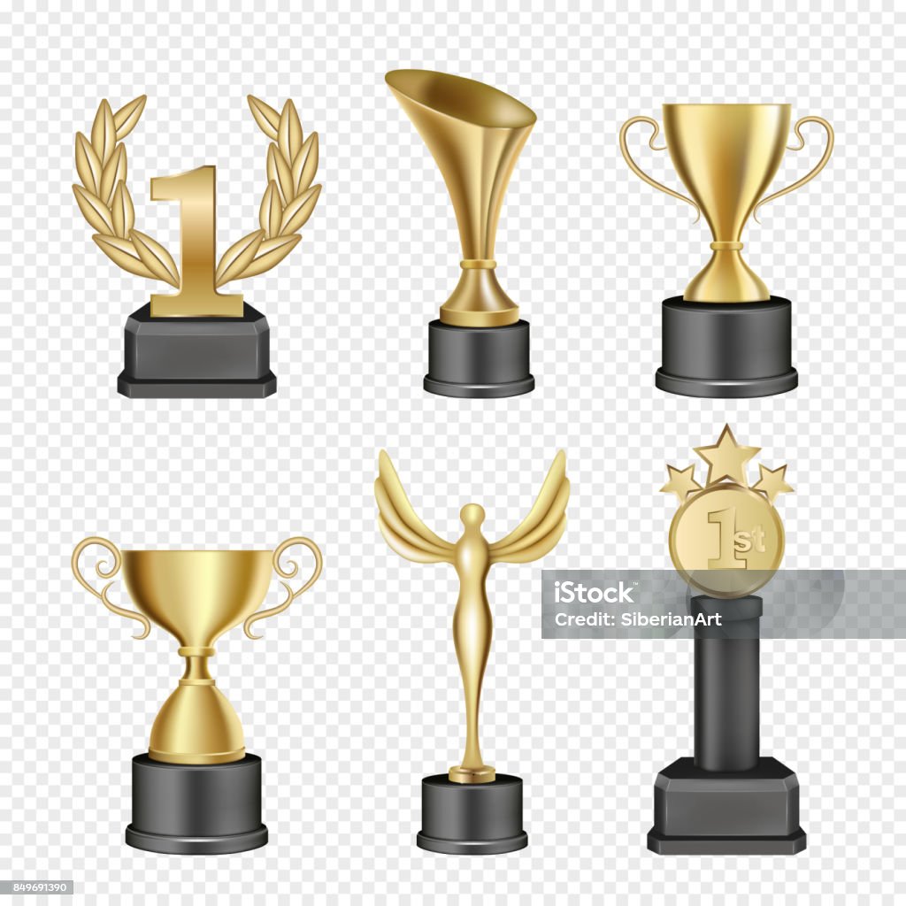 Vector metal award cup icon set Vector set of metal award cups. Realistic gold trophy cup icons. Sports and corporative awards. Trophy - Award stock vector