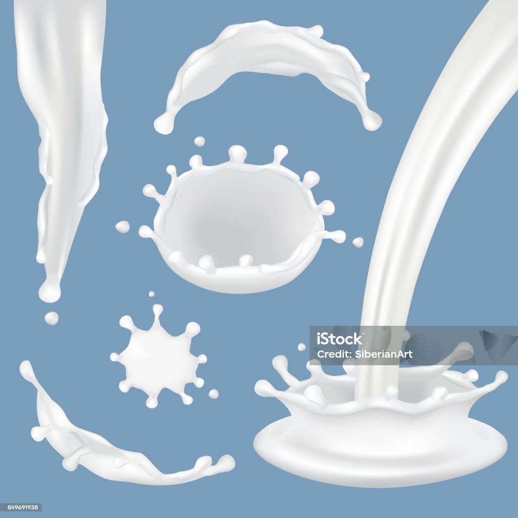 Vector realistic milk splash icon set Vector set of milk splashes, drops and blots. Realistic white splash crown, splashing droplets, flowing liquid milk. Milk stock vector