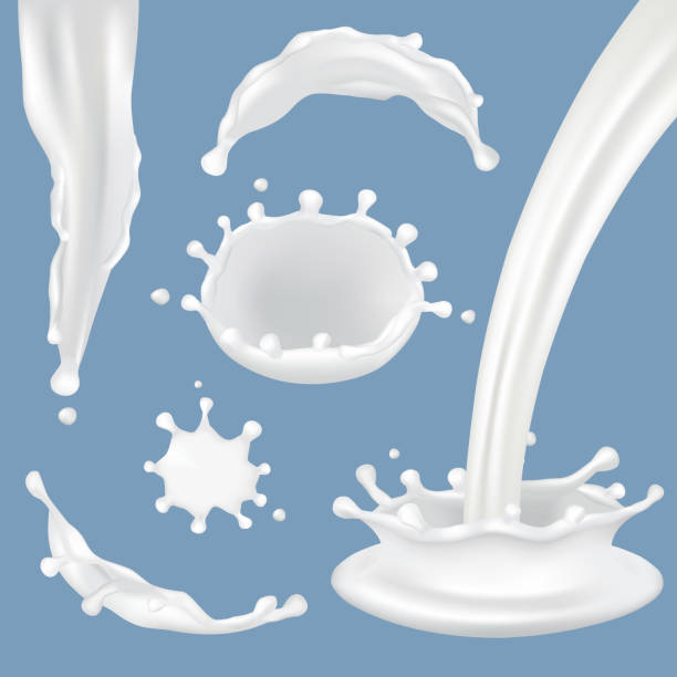 Vector realistic milk splash icon set Vector set of milk splashes, drops and blots. Realistic white splash crown, splashing droplets, flowing liquid milk. splash crown stock illustrations