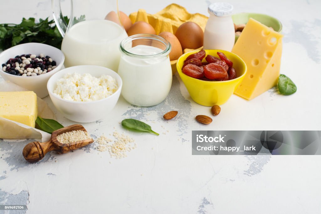 Food rich of calcium Group of products rich of calcium. Healthy food background. Selective focus. Space for text Calcium Stock Photo