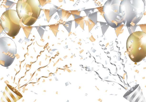 Gold and silver balloons, confetti, flag and party popper on white background. Vector illustration. Vector EPS 10 format. party popper stock illustrations