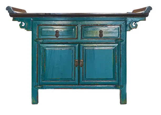 Isolated on white background with clipping path - Antique asian chinese table with Blue Green vintage color