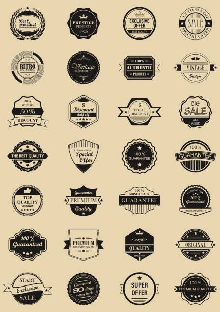 28 vector labels and logotypes. Set of vintage retro stamps, ribbons, frames and marks. Premium quality, discount and sale icons.