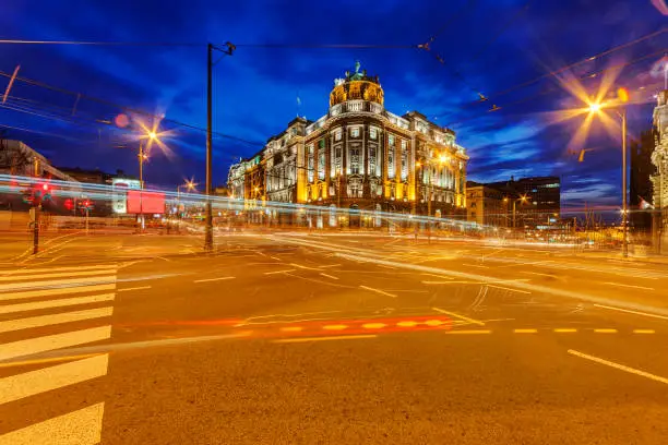 View on Belgrade street and Capitol, surrounded by street lights at night time