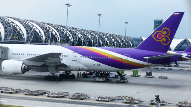 zaparkowane samoloty thai airways w terminalu i bramie - thai airways zdjęcia i obrazy z banku zdjęć