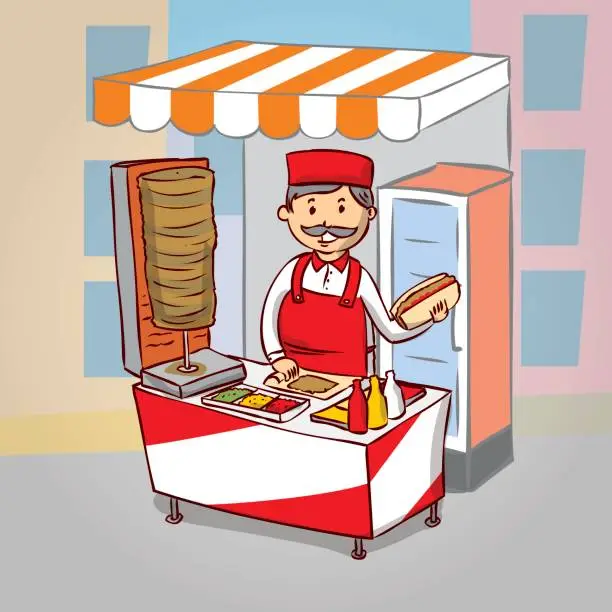 Vector illustration of Street food kebab seller. Fast food chief. Hand drawn cartoon