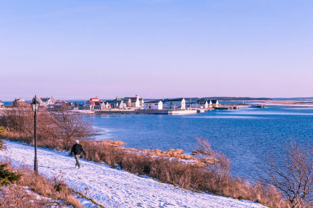 Prince Edward Island, Canada - December 13, 2012: A man is walking on seaside footpath in PEI winter.