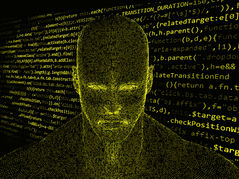 Human head with futuristic elements and java code