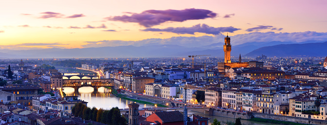 Arno River and Ponte Vecchio and cityscape at sunset, Florence, Italy.