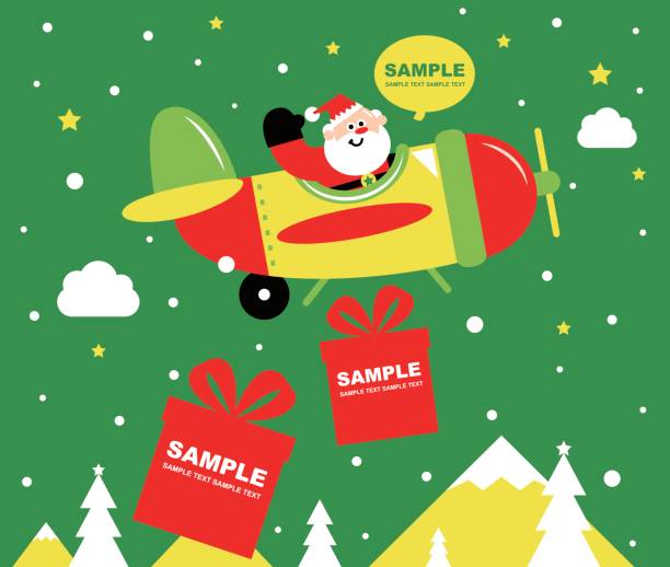 ilustrações de stock, clip art, desenhos animados e ícones de merry christmas and new year greeting card, cute smiling santa claus piloting a fighter plane, dropping christmas present (gift). delivering happiness - christmas present senior men surprise gift box