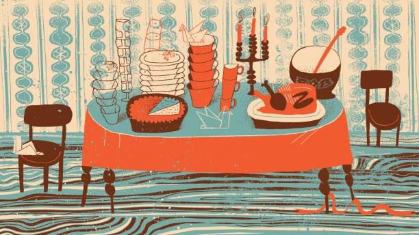 ilustraciones, imágenes clip art, dibujos animados e iconos de stock de después de la cena festiva - nobody tablecloth cup saucer
