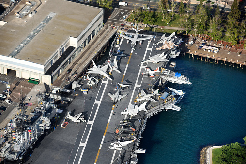 Aerial view of USS Midway aircraft carrier museum in San Diego, USA.