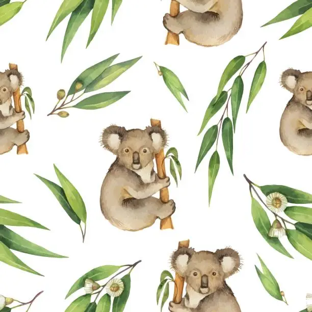 Vector illustration of Watercolor vector seamless pattern with eucalyptus leaves and Koala isolated on white background.