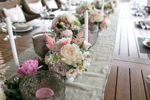 istock Luxury, elegant wedding reception table arrangement, floral centerpiece 849727854