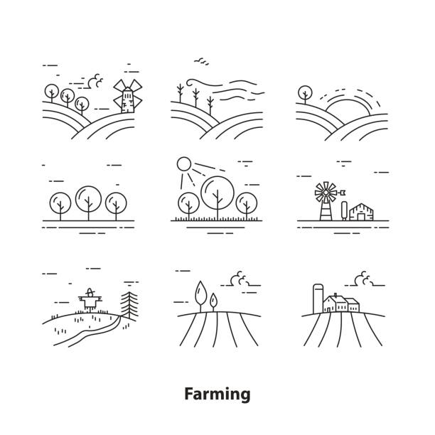 Farm landscape icons, thin line style - Illustration Farming and Agriculture Icons. Farm, Garden, Wood, Wind Turbine, Windmill, Village Sign. Isolated vector farmer drawings stock illustrations