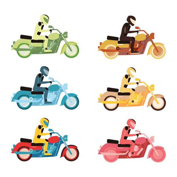 illustrazioni stock, clip art, cartoni animati e icone di tendenza di set con motociclisti. illustrazione vettoriale - motorcycle motorcycle racing rear view riding