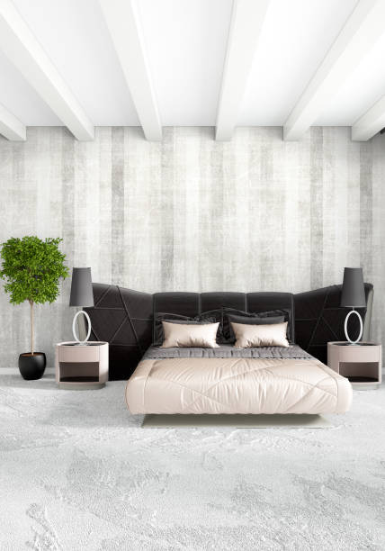 istock White bedroom minimal style Interior design with wood wall and grey sofa. 3D Rendering. 3D illustration 849735350