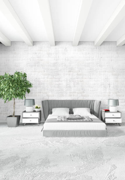 istock White bedroom minimal style Interior design with wood wall and grey sofa. 3D Rendering. 3D illustration 849735442