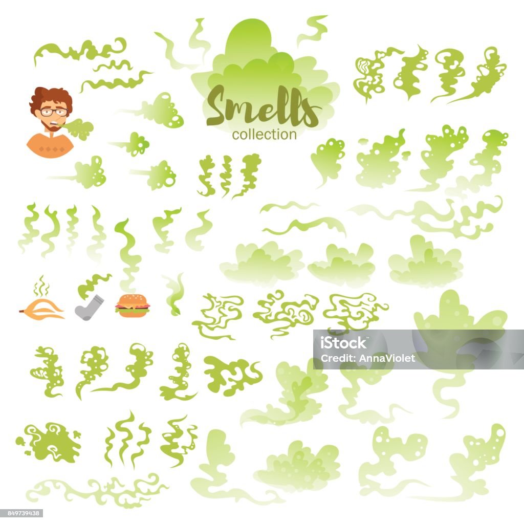 Set with bad smells Set with bad smells. Isolated art on white background. Vector. Flat. Green Unpleasant Smell stock vector