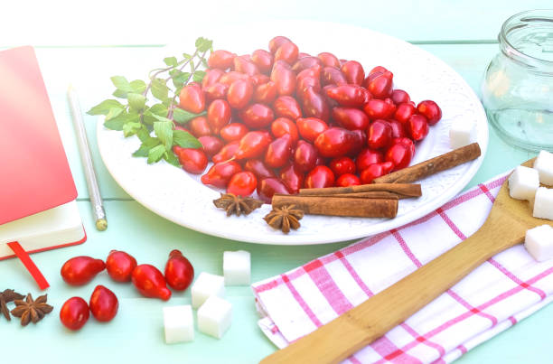 fresh red cornel berries on white plate, preparing for homemade cornelian cherry jam, surrounded by jelly jar, flax napkin, vintage spoon, sugar. - 6707 imagens e fotografias de stock