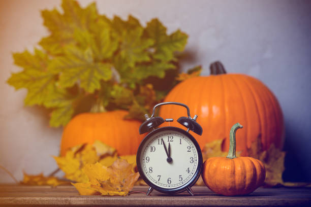 istock Retro alarm clock with leaves with pumpkin on background. 849741246
