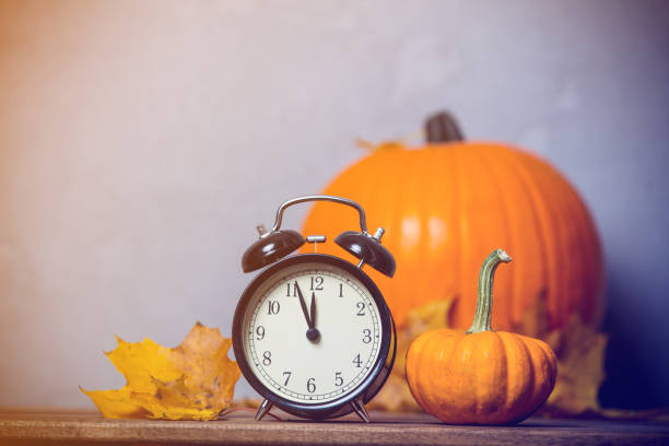 istock Retro alarm clock with leaves with pumpkin on background. 849741262
