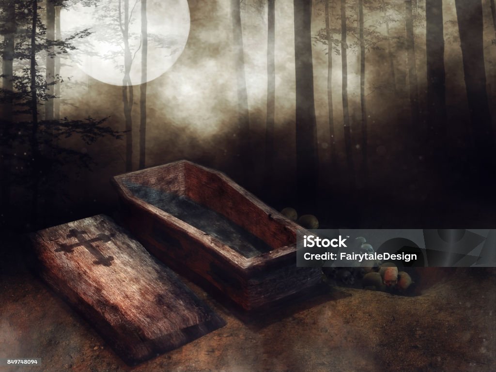 Wooden coffin, bones, and a dark forest Dark forest with an old wooden coffin and bones lying next to it. 3D render. Open Stock Photo